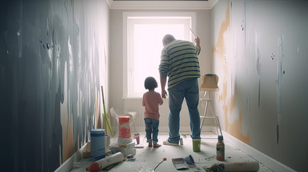 Father and son painting the walls of their new home. They are standing in front of a window.の素材