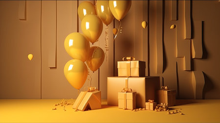 3D Render of Gift Boxes and Gold Balloons in a Roomの素材