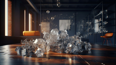 Broken glass pieces on wooden table in office. 3d renderingの素材