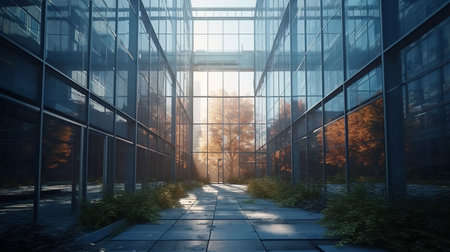3d render, modern office building with glass wall and sunlight.の素材
