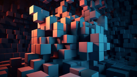 3d rendering of abstract background with cubes in blue and orange colorsの素材