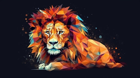 Colorful polygonal lion on dark background. Vector illustration.の素材