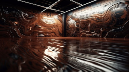 3D rendering of an empty room with a wooden floor and a reflectionの素材