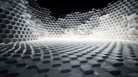 3d rendering of white hexagons in dark space. Abstract backgroundの素材
