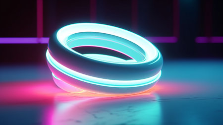 3d rendering of neon ring in dark room with neon lights.の素材