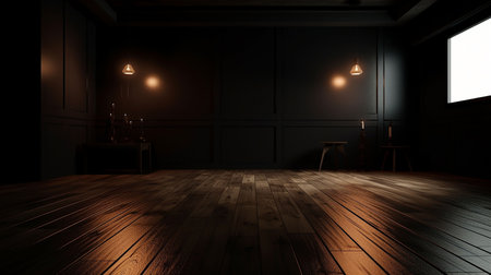 3D rendering of a dark room with a wooden floor and a chairの素材