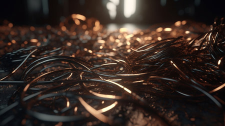 Close-up of a bunch of metal wires in a dark roomの素材