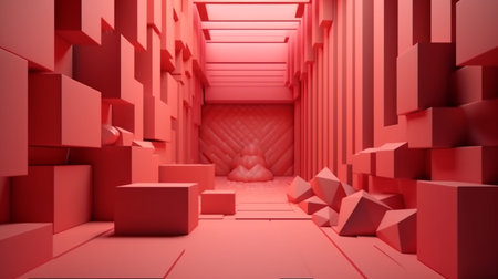 3d rendering. Futuristic red background with primitive geometric shapes.の素材