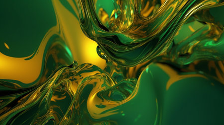 3d rendering of abstract wavy liquid background in green and yellow colorsの素材