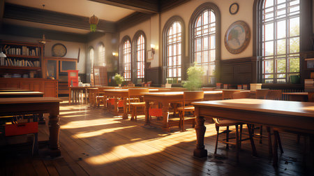 Interior of a restaurant with wooden tables and chairs. 3d renderingの素材