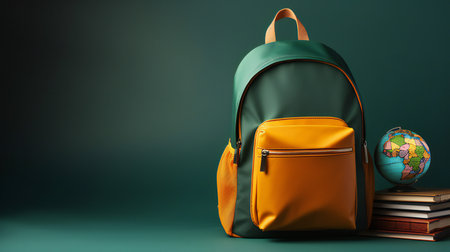 School backpack with books and globe on color background. Back to schoolの素材