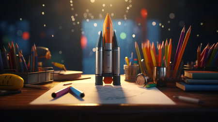 Rocket and pencils on a wooden table. 3d rendering.の素材