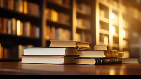 Books on the table in library. Education concept. 3d renderingの素材