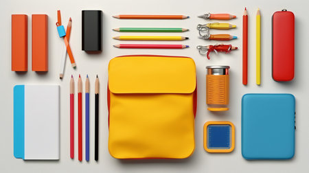 Top view of school supplies on white background. Back to school conceptの素材