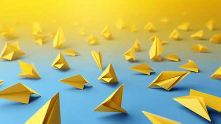 Leadership concept. 3D rendering of a group of yellow paper ships in a blue backgroundの素材