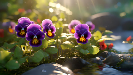 Purple pansy flowers in the garden with water and sunlight.の素材