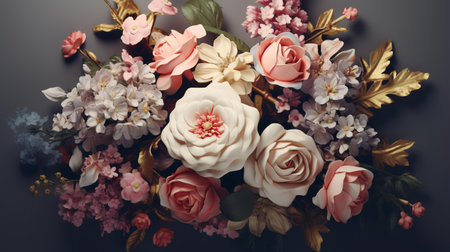 Beautiful bouquet of flowers on black background. Flat lay, top viewの素材