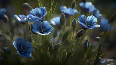 Blue flax flowers in a meadow close-up macro photographyの素材