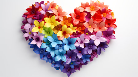 Colorful paper flowers in the shape of a heart on white backgroundの素材