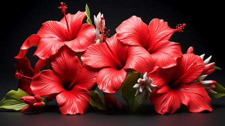 Red hibiscus flowers on black background. 3d renderingの素材
