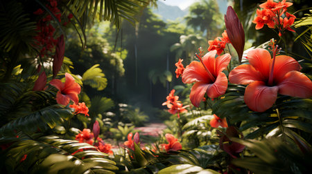 Beautiful flowers in tropical garden. Nature background with copy space.の素材