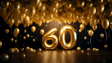 Number 60 gold celebration balloons. Anniversary or birthday party decoration. 3D Renderの素材