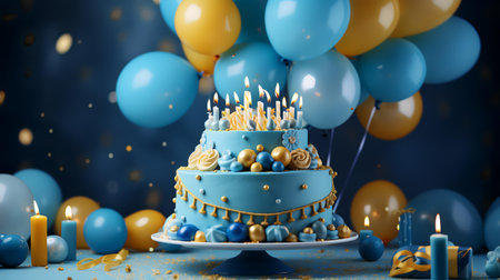Blue birthday cake with candles and balloons on blue background. 3D Renderingの素材