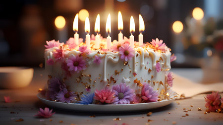 Beautiful birthday cake with burning candles on blurred background, closeupの素材
