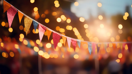Colorful bokeh background with bunting flags for carnival.の素材