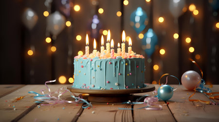 Birthday cake with burning candles on wooden table on blurred lights backgroundの素材