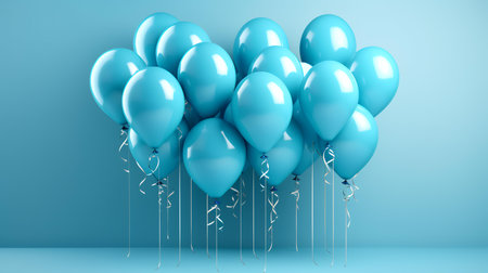 Blue balloons bunch on blue background. 3D Render Illustration.の素材