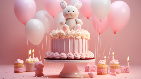Birthday cake with teddy bear and pink balloons on pink backgroundの素材