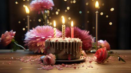 Birthday cake with candles and flowers on wooden table, closeupの素材