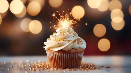 Birthday cupcake with sparkler on bokeh lights backgroundの素材