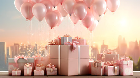 Gift boxes with pink ribbons and balloons. 3d renderingの素材