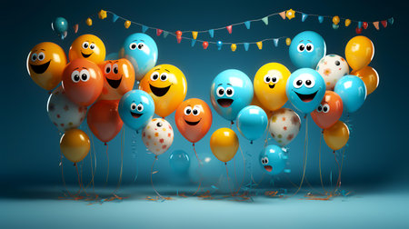 3d render of happy group of balloons with smiley faces on blue backgroundの素材