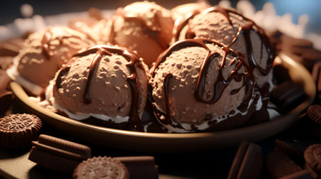 Chocolate ice cream balls with melted chocolate on plate, closeupの素材