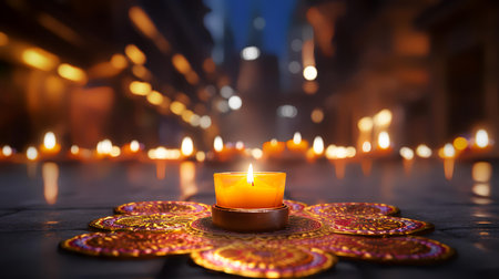 Indian festival Diwali, Diya oil lamps lit on colorful rangoli. Hindu traditional. Space for text.の素材