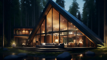 3d rendering of modern cozy chalet with pool and parking for sale or rent. Massive timber beams columns. Massive timber beams make this house unique.の素材