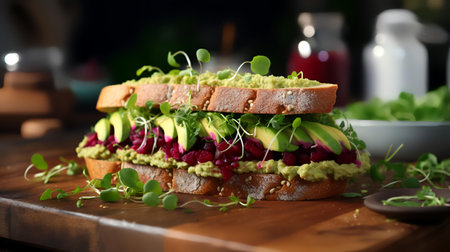 Avocado toast with beetroot and sunflower sprouts on wooden boardの素材