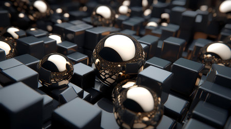 Abstract 3d rendering of black cubes with golden spheres. Futuristic background.の素材