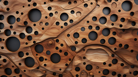 3d render of wood texture with holes. Abstract wooden background.の素材