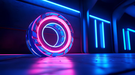 3d rendering. Futuristic glowing neon ring on dark background.の素材