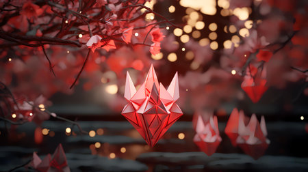 Paper origami crane hanging on a tree branch. 3d renderingの素材