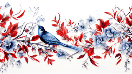 Beautiful floral background with blue bird and flowers. Watercolor illustration.の素材