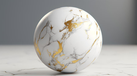 White marble ball with gold pattern on white marble background. 3d renderの素材