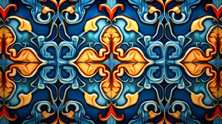 Ceramic tile pattern in blue and orange colors. Computer generated graphics.の素材