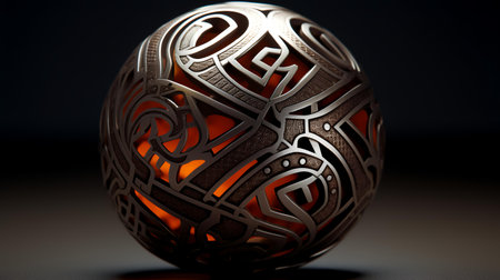 3d illustration of metal sphere with abstract pattern on black background.の素材
