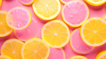 Lemon slices on pink background, top view. Citrus backgroundの素材