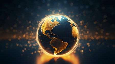 Globe with glowing world map on dark background. 3D renderingの素材